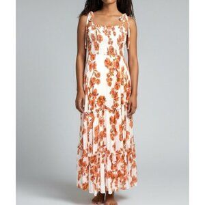Free People Garden Maxi Dress M Ivory Orange Floral Party Tiered Shirred EUC